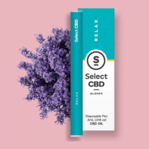 A SelectCBD Vape Pen displayed with packaging and a bouquet of lavender.