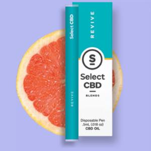 A SelectCBD Vape Pen displayed with packaging and a slice of grapefruit.