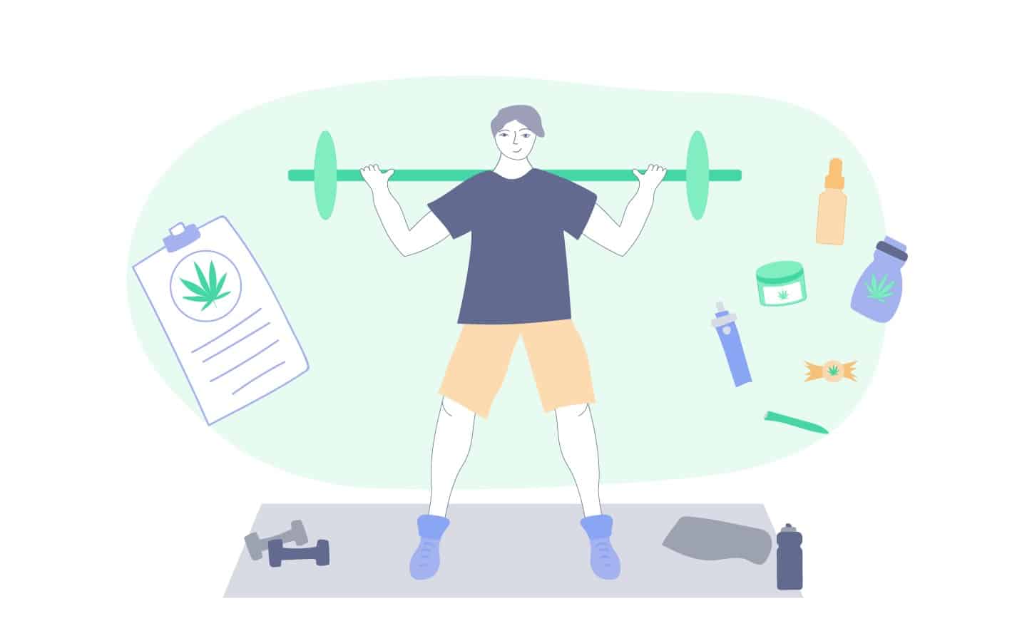 bodybuilder working out with cannabis products around him
