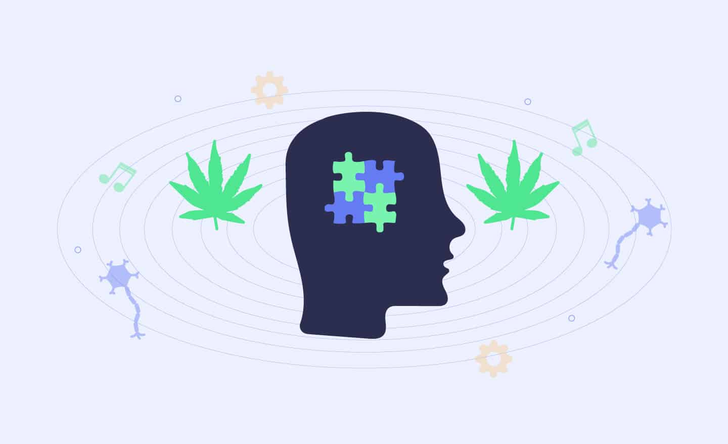 head with autism symbol and marijuana leaves