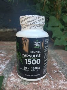 bottle of TrytheCBD Hemp Oil Capsules