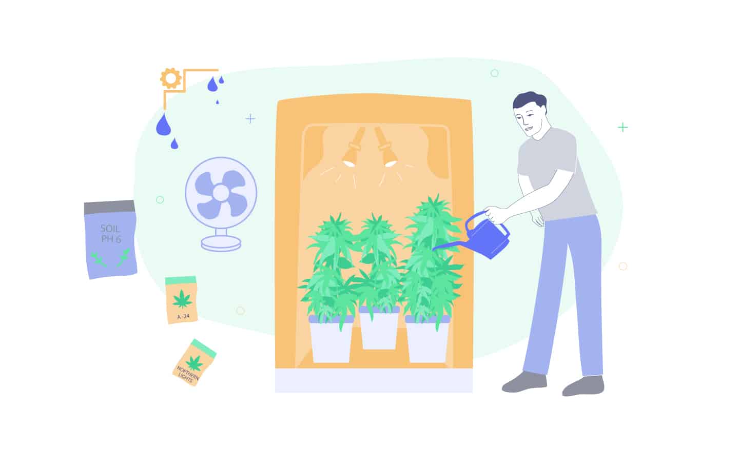 man growing weed indoors and his equipment around him