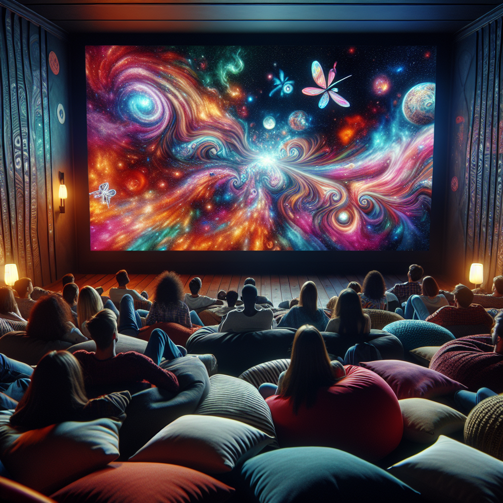 Alt text: A group of friends lounging in a home theater with a colorful, abstract movie universe on the screen, exuding a warm, intimate ambiance.