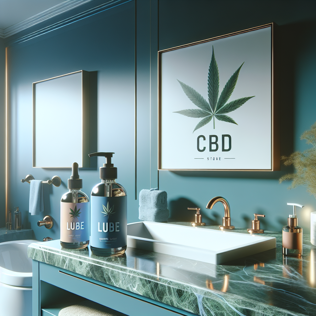 Two distinct bottles on a marble countertop, one marked with a hemp leaf for CBD lube and the other symbolizing standard lube, in a calming bathroom setting.