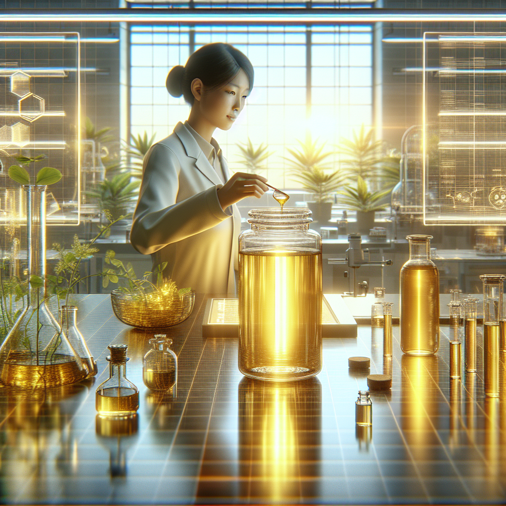A scientist concentrates on refining Rick Simpson Oil in a tranquil, well-lit lab amidst herbal plants.