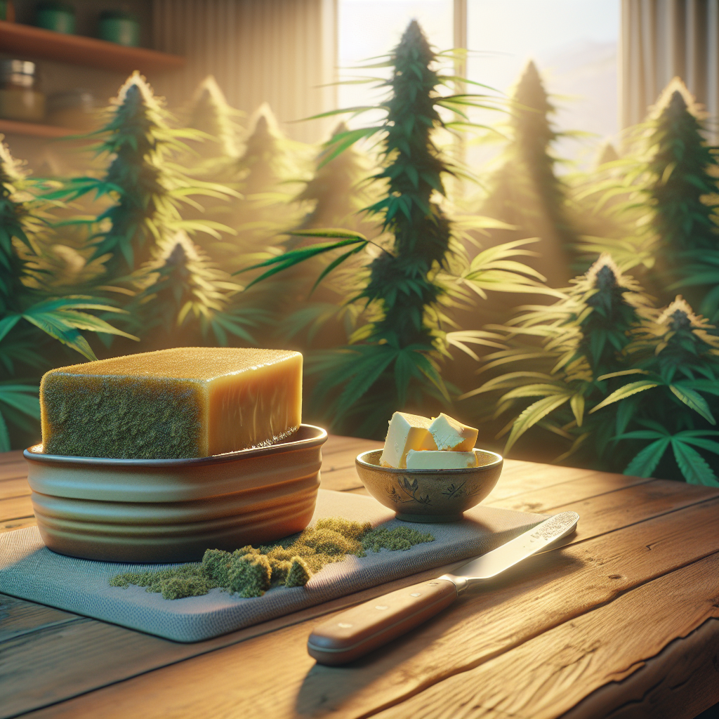 A serene kitchen scene with a dish of golden kief butter on a table and soft-focus cannabis plants in the background.